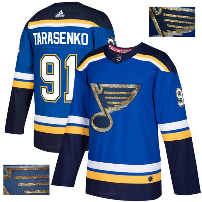 Men St.Louis Blues #91 Tarasenko Blue Gold embroidery Adidas NHL Jerseys